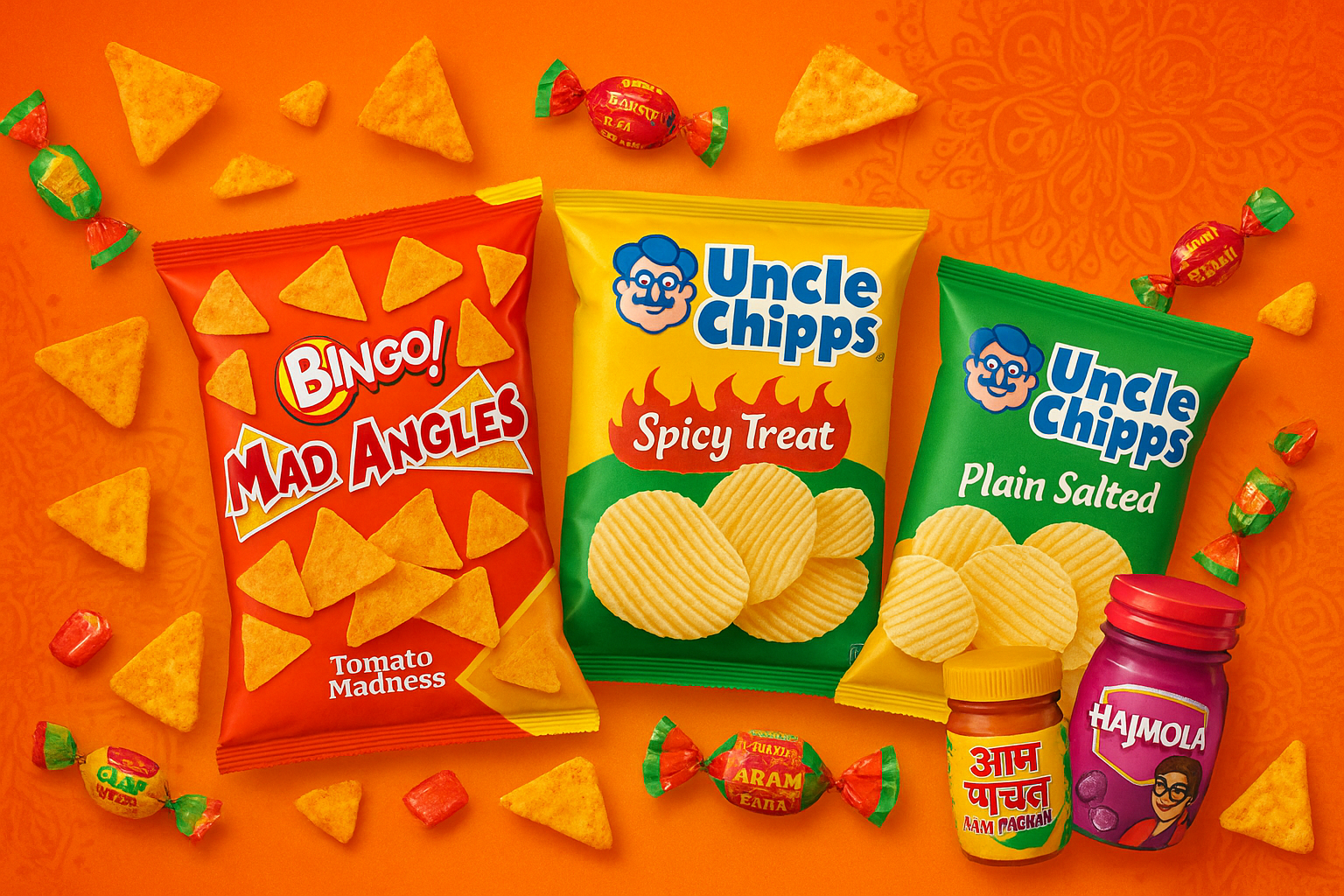 slider highlighting bingo mad angles, uncle chips and old indan candies like aam pachan, hajmola